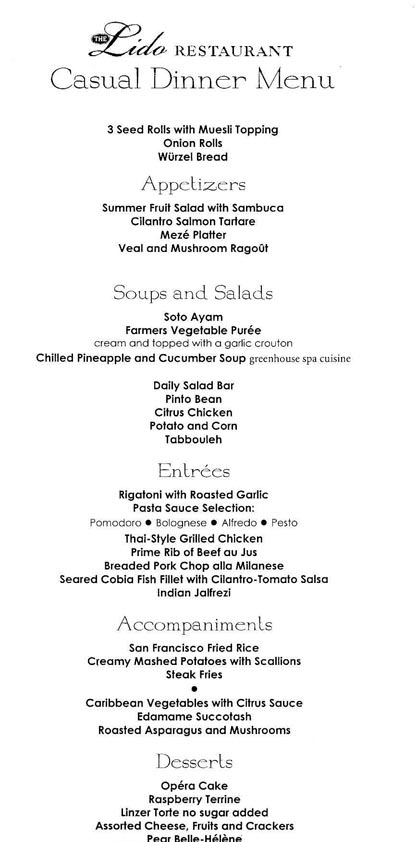 Holland America Lido Restaurant Dinner Menu